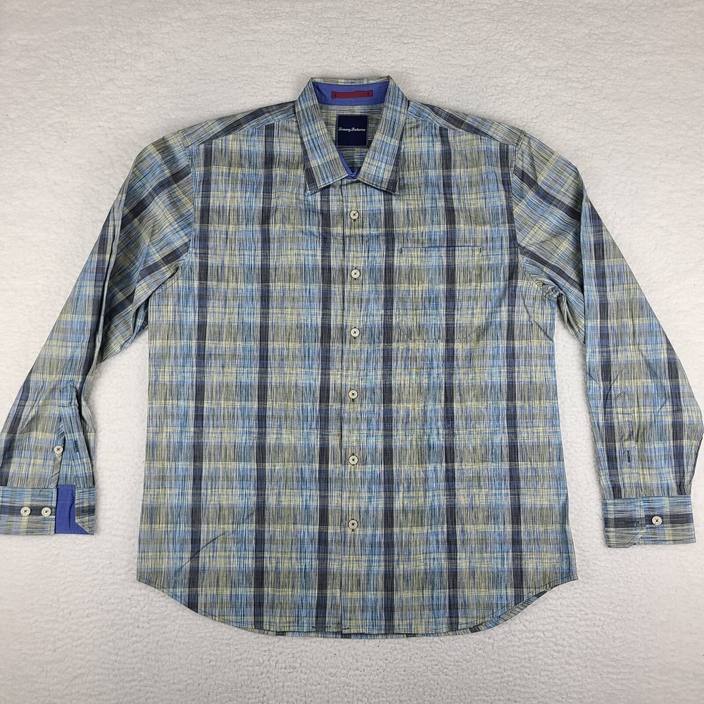 Tommy Bahama Shirt Mens XL Blue Beige Brown Geometric Plaid Dress Button‎ Down